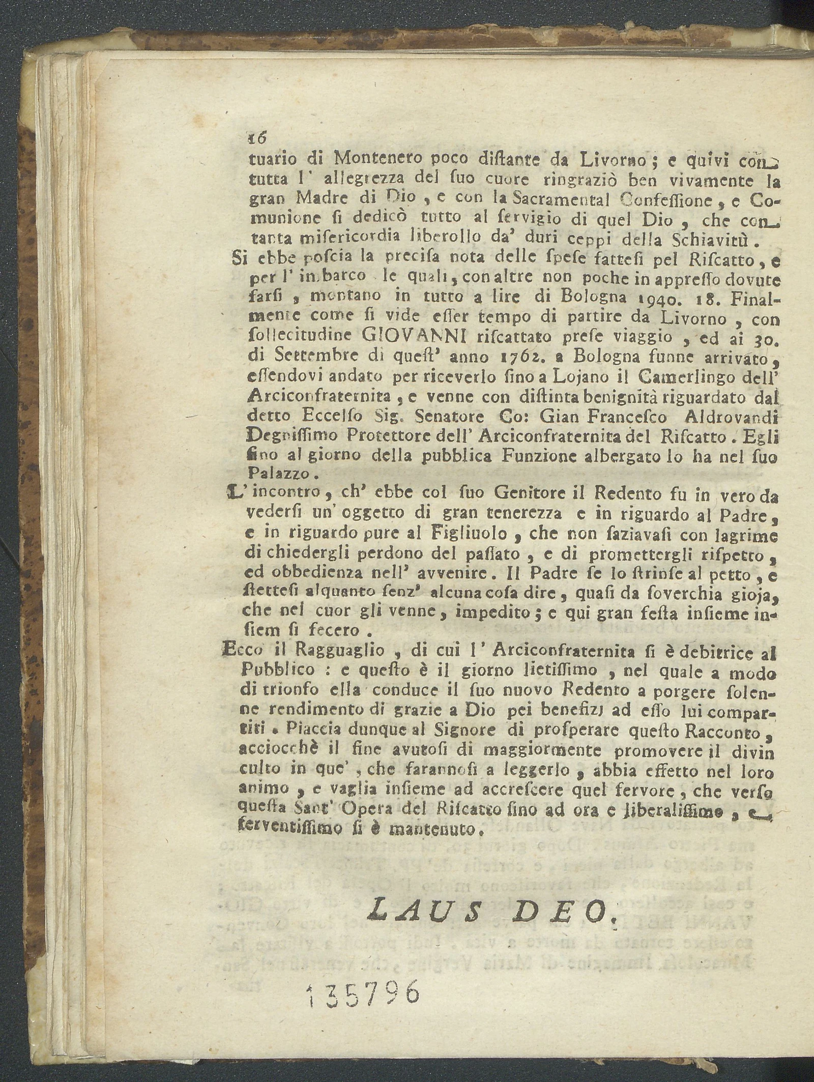 Page 16 of the Ragguaglio with the total expenses and Betti's return to Bologna