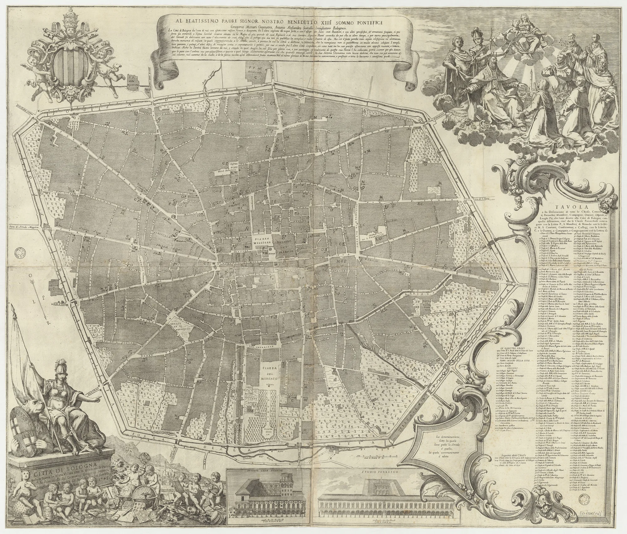 Detailed 1745 engraved map of Bologna showing its streets, buildings and porticoes