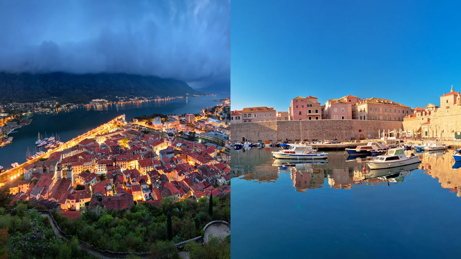 Split scene comparing Kotor's bay and old town with Dubrovnik's walls and harbour