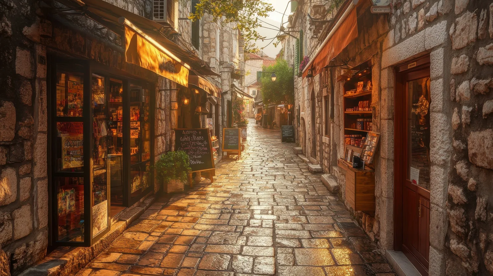 Narrow stone lanes between old buildings in Kotor's walled town