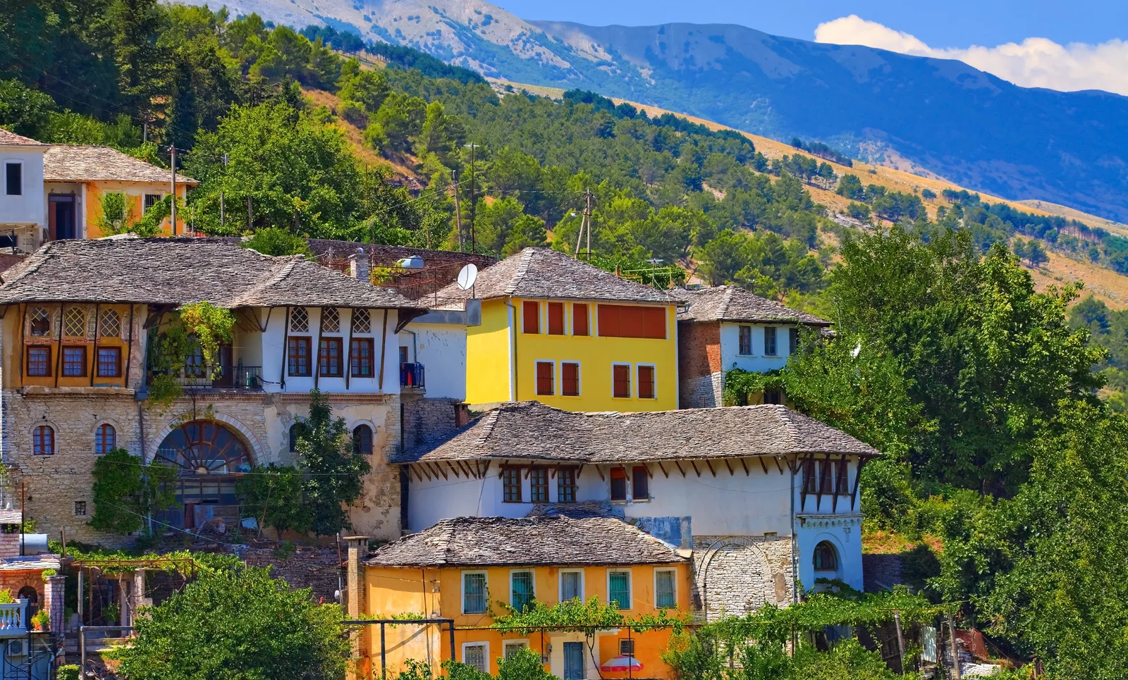 Stone-roofed Ottoman houses of Gjirokastër, Albania, on a green hillside with mountains behind