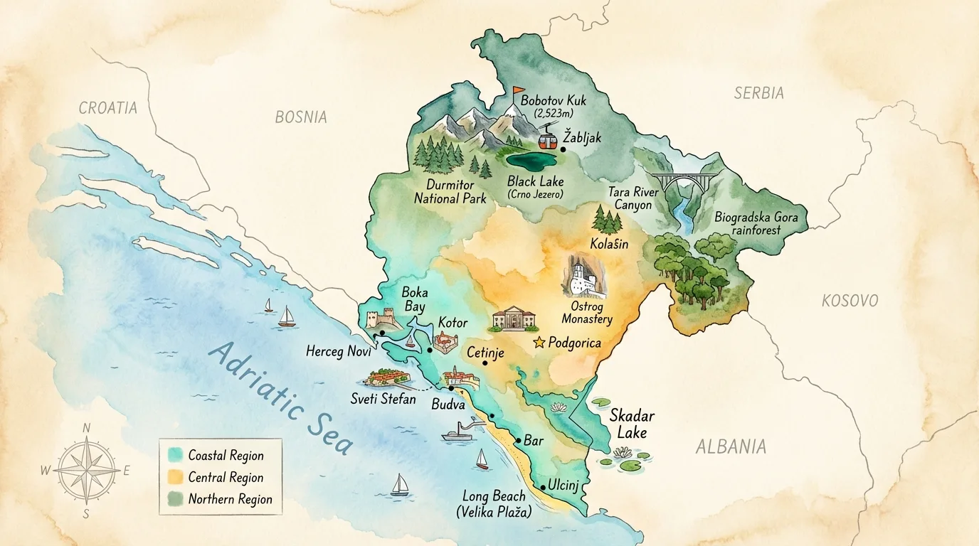 Illustrated map of Montenegro showing the loop: the Bay of Kotor and Budva on the coast, Lake Skadar and Ostrog inland, and Durmitor and the Tara Canyon in the north