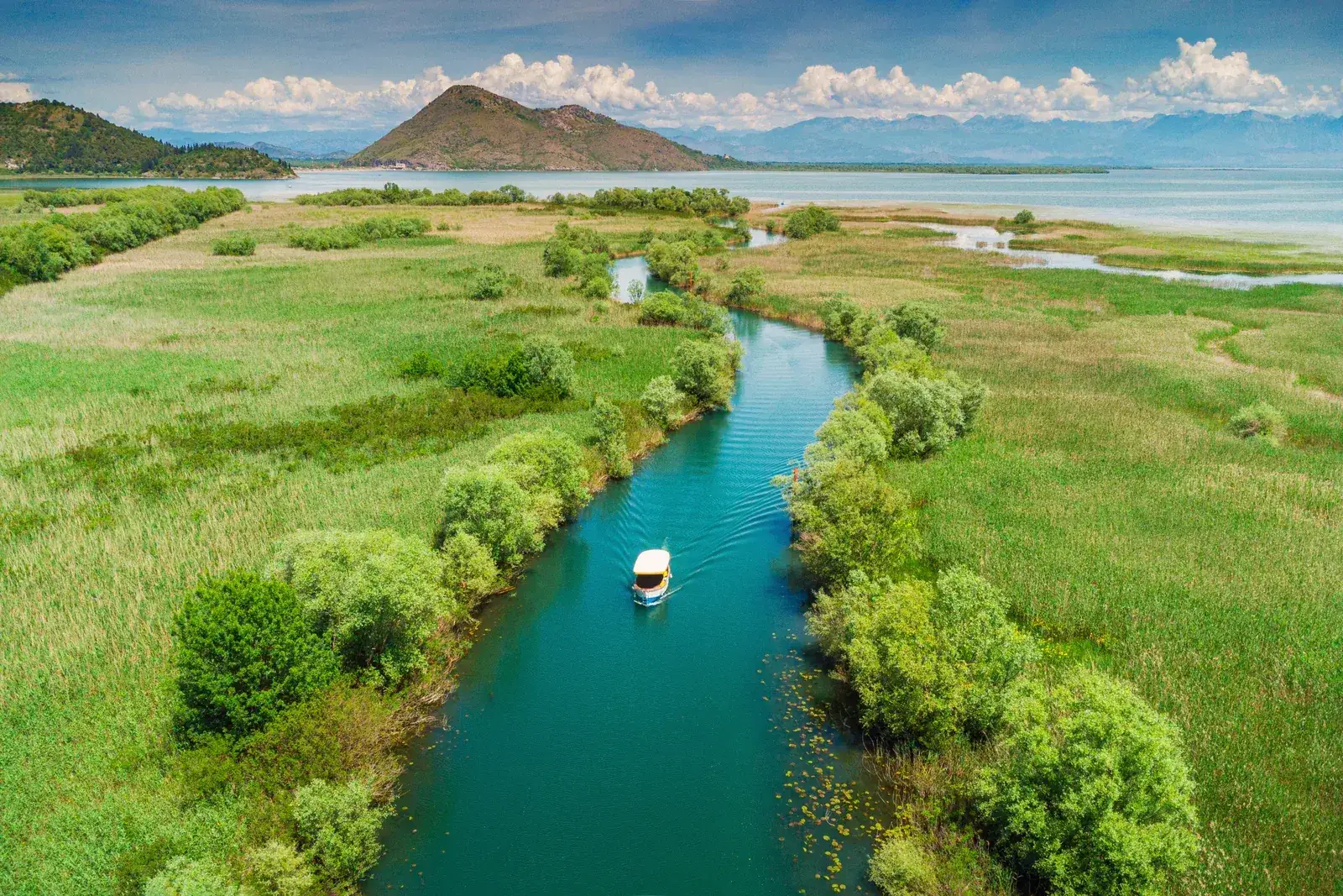 A small tour boat on a narrow channel winding through the reed beds and water lilies of Lake Skadar, the open lake and mountains beyond