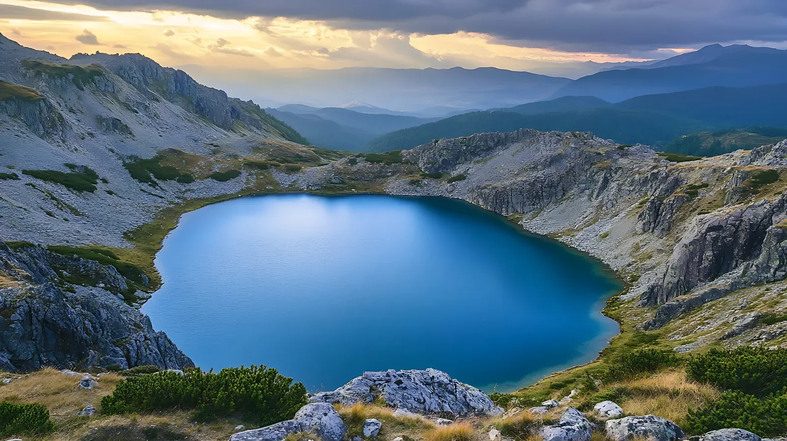 A glacial lake held in a rocky mountain cirque at sunset, ridges falling away toward distant peaks