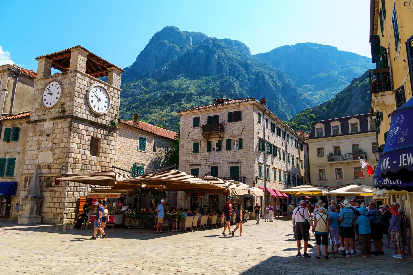 Kotor's walled old town, its stone lanes and church towers hemmed in by the fortified ramparts.
