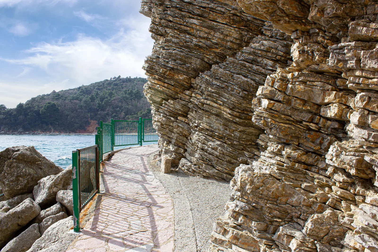 El paseo marítimo acantilado con una barandilla verde que lleva a lo largo de la roca estratificada dramática desde Budva a Mogren Beach