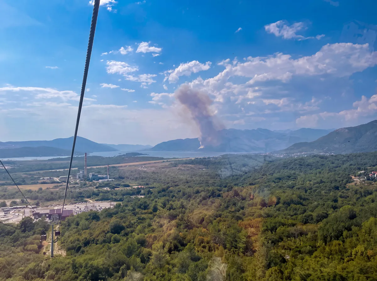 Smoke from the Bijela wildfire rises above the far shore of the Bay of Kotor, seen from the Kotor-Lovcen cable car, with Tivat airport and unburnt forest in the foreground
