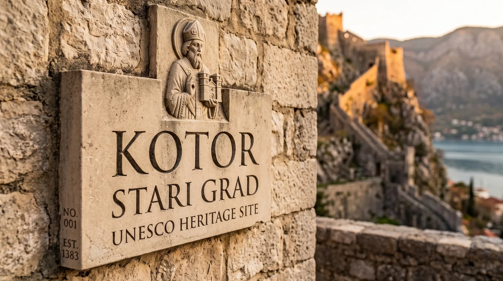 Stone UNESCO heritage sign at the entrance to Kotor Old Town with fortress walls behind