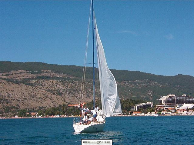 A well-drilled racing crew working the deck together during a regatta in the Bay of Kotor