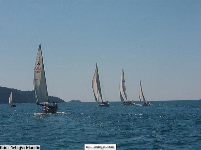 A yacht heeling under sail on a clear day with the island of Mamula and open sea ahead